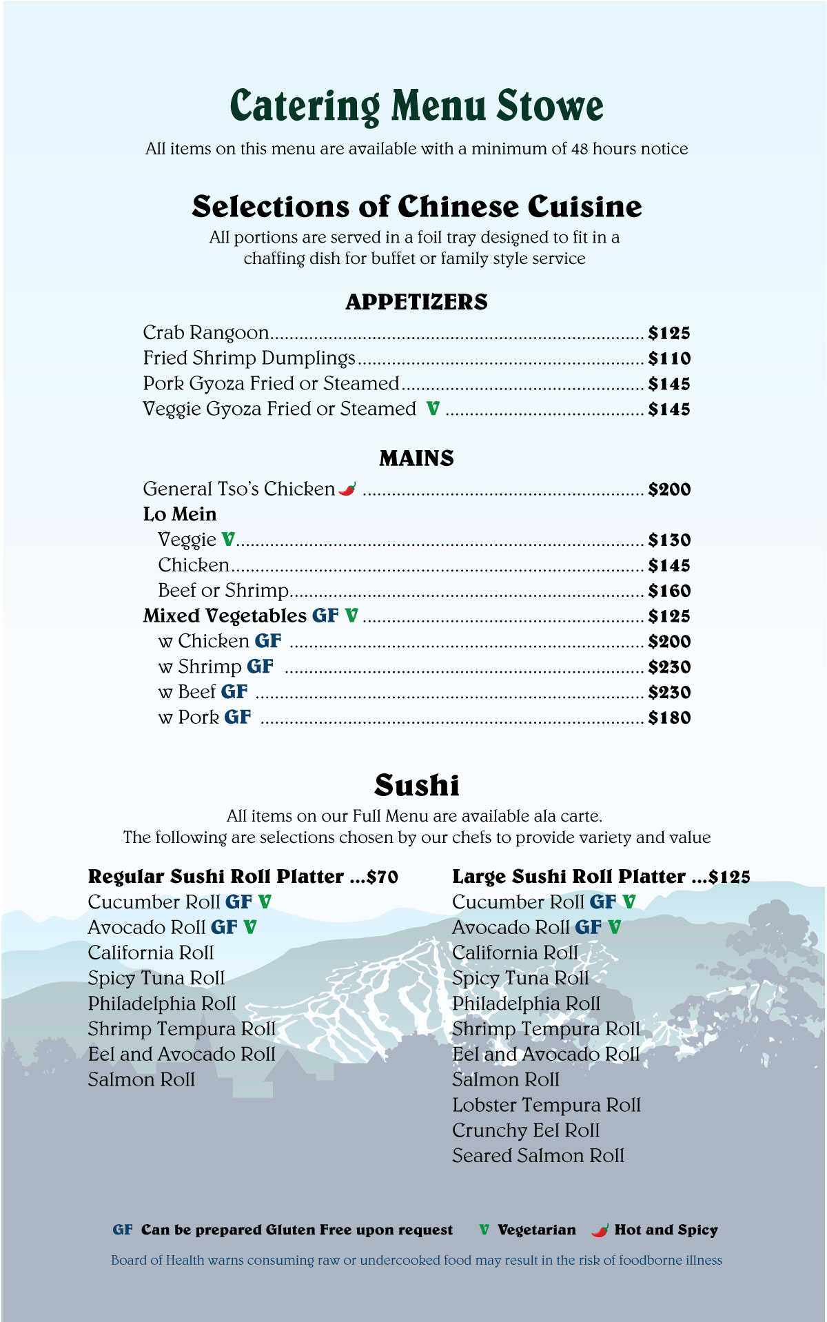 Stowe Catering menu